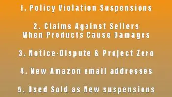 Policy Violation Suspensions, Claims Against Sellers when Products Cause Damages, Notice-Dispute & Project Zero, New Amazon email addresses, Increase in Used Sold as New suspensions