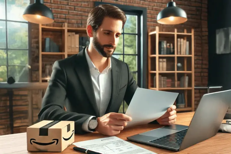 A professional Amazon seller celebrating after successfully reinstating their FBM privileges, raising their fists in victory while looking at a laptop screen displaying "Amazon FBM Reinstated."