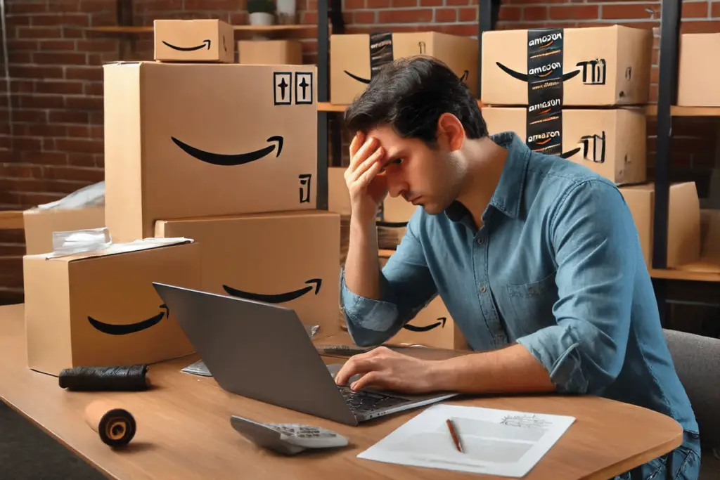 Amazon seller reviewing a trademark IP complaint on their laptop, looking concerned