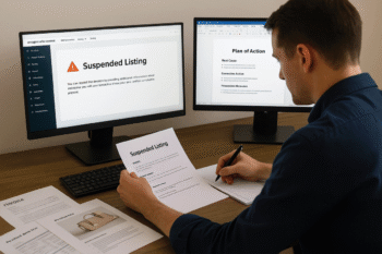 Amazon seller writing POA after listing suspension with Seller Central and documents open