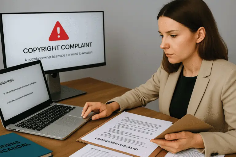 Amazon seller writing POA with copyright complaint and compliance materials on desk